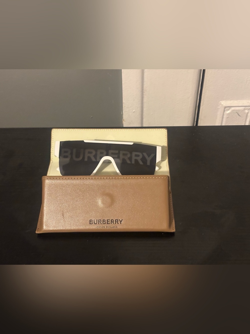 Burberry White Frame Sunglasses with Black Gradient Lens and Brown Burberry Case